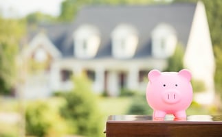 Real estate sale, home savings, loans market concept. Housing industry mortgage plan and residential tax saving strategy. Piggy bank isolated outside home on background. Focus on piggybank. Homeowner